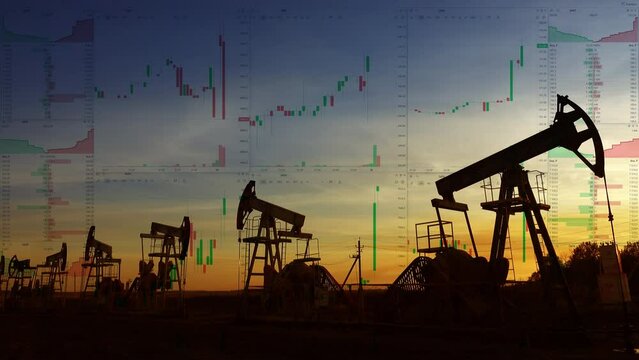 Oil pumps silhouette at sunset on background of stock charts. Industry energy power. Business financial concept, 4k