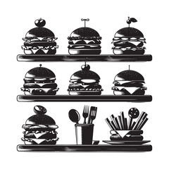 burger platter silhouettes, burger platters PNG,  Burger Platters in Monochrome Art,  Burger Platters clipart,  Burger Silhouettes, fast food silhouettes 