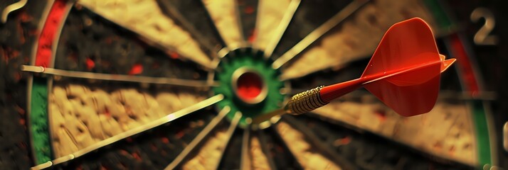 Red dart arrow hitting the center of a dartboard on the bullseye