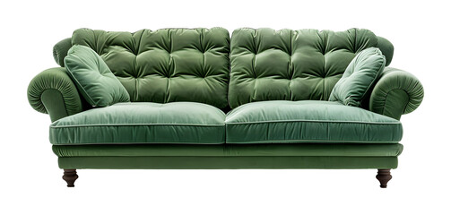 green sofa, front view, isolated on a transparent background. Modern furniture. PNG