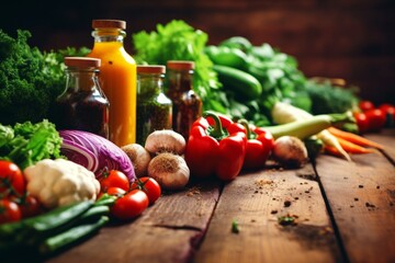Healthy fruits vegetables on rustic wooden table fresh juicy ingredients health lifestyle...