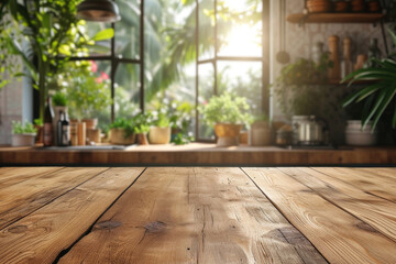 Grunge natural wooden table top with copy space for product advertising over blurred kitchen interior background at home