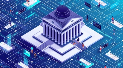 Isometric illustration of a bank building with people using digital banking services on a blue background.