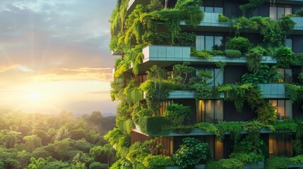 The facade of an apartment building is covered in lush greenery, creating a beautiful and sustainable urban living space. - obrazy, fototapety, plakaty