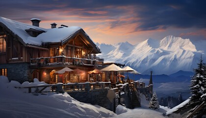 Panoramic view of snow covered alpine village in the Alps, Switzerland