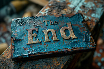 Old rusty metal signboard with the words The end, typography
