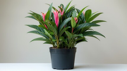   A pink-flowered potted plant with green leaves sits atop a white table, adjacent to a gray wall
