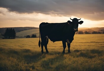a large cow standing in the middle of a field of grass - obrazy, fototapety, plakaty