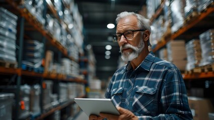 Man in his forties uses a tablet to manage warehouse inventory for accounting and bookkeeping. Concept Warehouse Inventory Management, Accounting with Tablet, Bookkeeping Software - obrazy, fototapety, plakaty