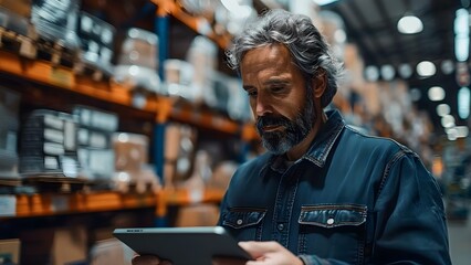 Middleaged man in warehouse using tablet for inventory and accounting purposes. Concept Warehouse Management, Technology in Inventory, Middle-Aged Professionals, Accounting Software Integration - obrazy, fototapety, plakaty