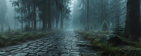 Misty forest path with ancient cobblestone trail and lush greenery in foggy weather