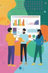 A team collaborates on data analysis, with charts and graphs on display, illustrating business insights, teamwork, and the use of visuals in decision-making.