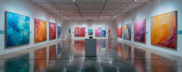 Modern art gallery interior showcasing vibrant abstract paintings and sleek design