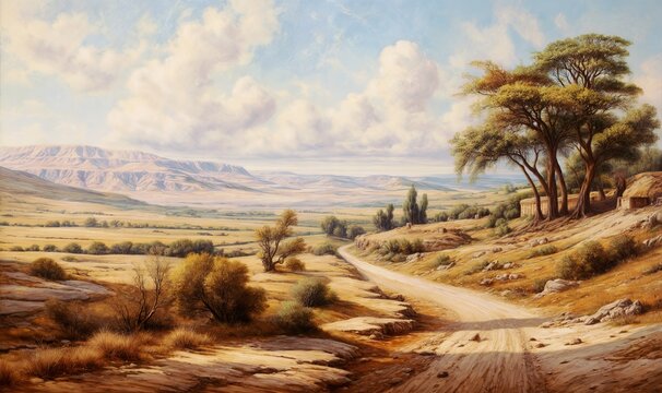 A painting depicting a dirt road leading towards mountains, lined with trees under a blue sky