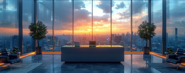 Modern office with panoramic cityscape view during sunset