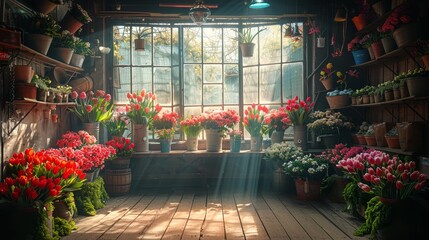 Fototapeta na wymiar A room teeming with numerous potted plants by a bright window Light streams in through the glass