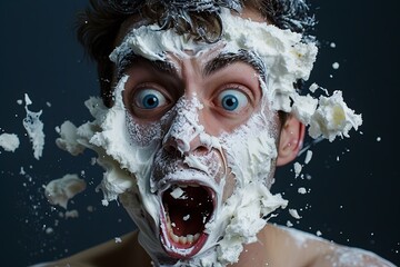 A man covered in whipped cream with his mouth open, symbolizing a classic comedy moment. Generative AI