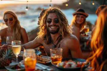 Smiling friends gathered for a dinner with a coastal backdrop, enjoying drinks and company at golden hour