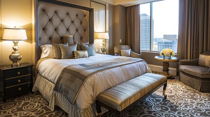 An upscale hotel suite with a luxurious bed and a view of the city  AI generated illustration