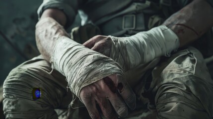 Bandages wrapped around a wounded soldier  AI generated illustration