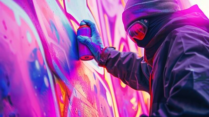Close up of a cyberpunk neon colored graffiti tagger at work  AI generated illustration