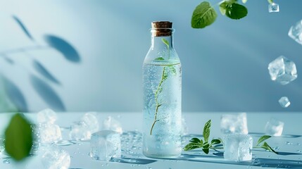 Calm and Cool Glass Bottle with Ice Cubes and Mint Leaves on Blue