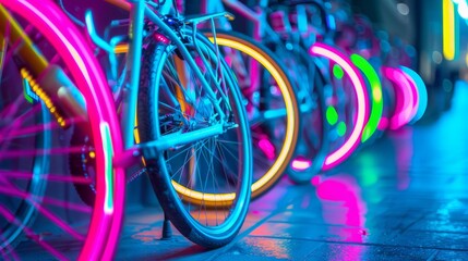 Close up of neon colored cyberpunk high-tech bicycles parked  AI generated illustration