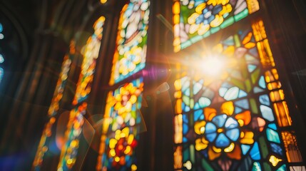 Close-up of stained glass windows in a church  AI generated illustration - obrazy, fototapety, plakaty