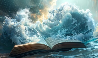Enchanting digital art of an open book with an ocean wave emerging, symbolizing storytelling power