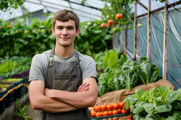 Young farmer in front of a greenhouse with vegetables