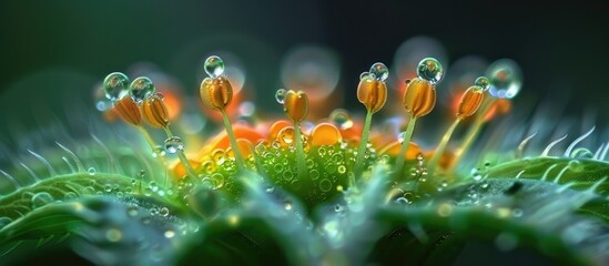 Colorful Macro Droplets on Vibrant Green Nature Composition with Blooming Delicate Flowers and Foliage in Soft Focus Background