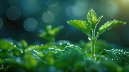 Fototapeta na wymiar Verdant Foliage Closeup with Water Droplets on Leaves in Soft Focus Nature Background