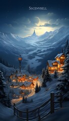 Winter night in the mountain village. Christmas background. Vector illustration.