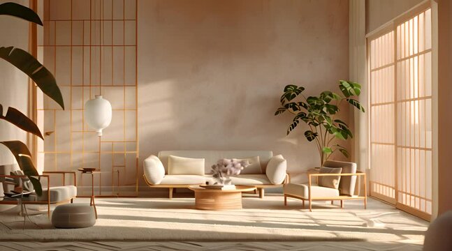 Modern interior japandi style design livingroom. Lighting and sunny scandinavian apartment with plaster and wood. 3d render illustration. 