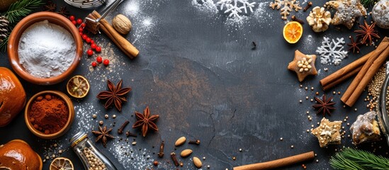 Top-down view of a culinary setup featuring Christmas winter spices and baking ingredients on a dark slate, stone, or concrete surface, with space for text.