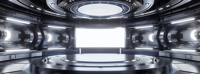 Futuristic silver stage with circular design and glowing elements in a sci-fi environment