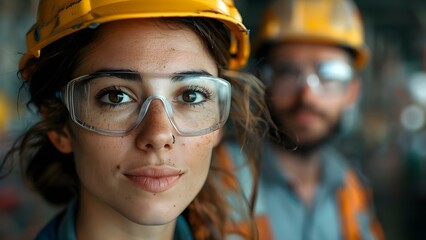 Female engineer leads male worker at construction site defying gender norms in STEM. Concept Gender Equality, Construction Industry, STEM Field, Female Leadership, Breaking Stereotypes - obrazy, fototapety, plakaty