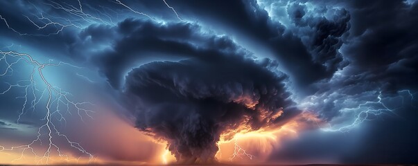 Dramatic and powerful tornado, Lightning thunderstorm flash over the night sky, Concept on topic weather, cataclysms, hurricane, Typhoon, tornado, storm