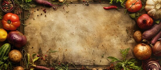 An antique border of vegetables and spices surrounds a blank cutting board.