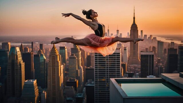 A ballet dancer performs an elegant dance at the top of a skyscraper, showcasing freedom and grace in her performance.