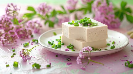 Artful Tofu Cuisine Against Serene Gradient Background for Branding and Creative Presentation