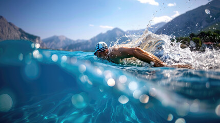 A man swims gracefully in the ocean, with towering mountains in the background under a clear blue...
