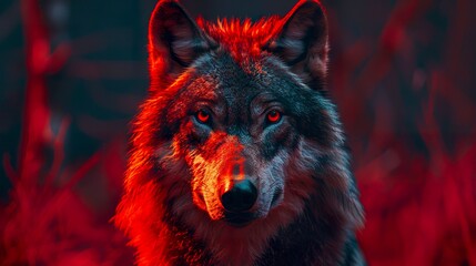 A portrait of a gray wolf in low lighting in rugged outlines and the animal's distinctive features. Wild gray wolf under an aura of mystery and intrigue. - obrazy, fototapety, plakaty