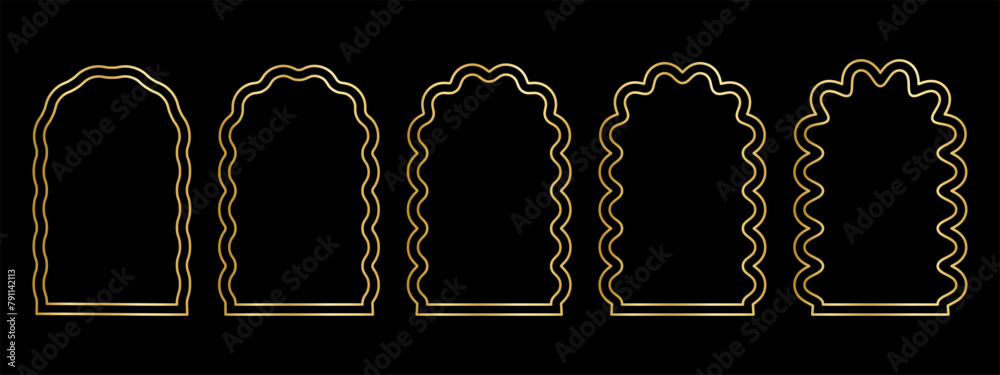Poster set of gold arch frames with wiggly edges. golden archway shapes with scallop borders. wavy vignette