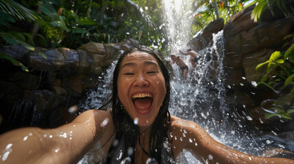 A woman laughs heartily as she is drenched by a waterfall, surrounded by lush greenery in bright sunlight
