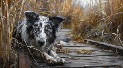 A Border Collie with a merle coat rests on a wooden pathway surrounded by tall grass its eyes reflecting a peaceful inquisitiveness