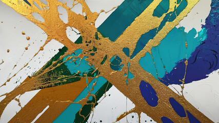 An abstract background with turquoise, gold and blue dplashes