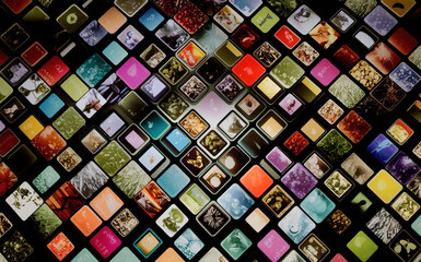 A digital background depicting squares that contain abstract images or textures