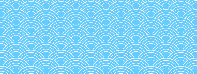Traditional Japanese seigaiha pattern. Sea or ocean waves background. Scallops print. Fish squama or dragon scale. Simple geometric ornament with blue and white curves. Vector graphic illustration.