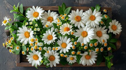   A wooden table holds a box filled with numerous white and yellow daisies and verdant green leaves